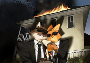 4_fingers anthro black_suit_jacket black_tie_(suit) boyfriend/girlfriend building burning_building burning_photo canon_couple clothing duo eyewear female fingers fire fur grey_body holding_photo house lighter male male/female orange_body orange_fur secret_agents smile smoke spies suit sunglasses white_collared_shirt desu36721406 dreamworks the_bad_guys diane_foxington mr._wolf_(the_bad_guys) canid canine canis fox mammal north_american_gray_wolf red_fox true_fox wolf hi_res
