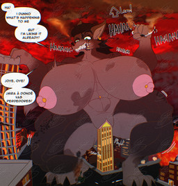 abs anthro barbell_piercing big_breasts breasts city city_destruction destruction ear_piercing female fur genitals growth hair huge_breasts hyper macro muscular muscular_female nipple_piercing nipples piercing smile solo speech_bubble tail text thick_thighs shieradevil hannah_r._o'malley_(floofreborn) canid canine mammal absurd_res digital_media_(artwork) english_text hi_res shaded spanish_text