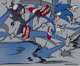 anthro black_body black_fur blue_body blue_fur chest_fur clothing duo fight fluffy fluffy_chest footwear fur gloves handwear kick male multicolored_body multicolored_fur red_clothing red_footwear red_shoes shoes speed_lines tan_arms tan_body quavernsfw sega sonic_the_hedgehog_(series) shadow_the_hedgehog sonic_the_hedgehog eulipotyphlan hedgehog mammal hi_res