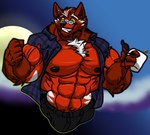 anthro big_bulge big_muscles black_bottomwear black_clothing black_nipples black_pants body_hair bottomwear bulge chest_hair clothing ear_piercing eyewear fist flannel flexing fur glasses grin holding_object huge_bulge huge_muscles hyper hyper_muscles looking_at_viewer male muscular nipples pants piercing red_body red_fur smile solo veiny_muscle yellow_eyes fierglief fierglief_(character) canid canine fox mammal werecanid werecanine werecreature werefox 2020 absurd_res hi_res