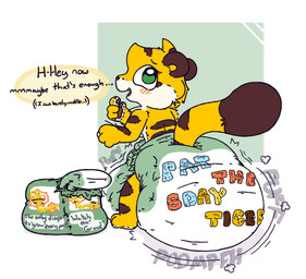 4_fingers ambiguous_gender anthro big_diaper birthday blush blush_lines brown_body brown_ears brown_fur brown_nose brown_pawpads brown_stripes brown_tail brown_tail_tip clean_diaper clothed clothing cloud_emanata dialogue diaper diaper_only diaper_package diaper_puff dipstick_tail ellipsis emanata fingers folded_diaper fur looking_back markings multicolored_body multicolored_fur open_mouth open_smile pawpads simple_background smile snaggle_tooth solo sound_effects speech_bubble standing striped_body striped_fur striped_markings striped_tail stripes tail tail_markings tan_body tan_fur text text_on_diaper three-quarter_view topless wearing_diaper yellow_body yellow_fur yellow_inner_ear yellow_tail boredomwithfriends ace_(boredomwithfriends) felid mammal pantherine tiger english_text full-length_portrait hi_res portrait