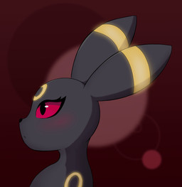 anthro black_body black_ears black_eyes black_nose blush eyelashes female markings red_background red_sclera side_view simple_background solo yellow_markings dr.dewott nintendo pokemon eeveelution generation_2_pokemon pokemon_(species) umbreon 2023 absurd_res bust_portrait cel_shading colored digital_media_(artwork) hi_res portrait shaded