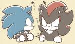 anthro black_body black_fur blue_body blue_fur clothing duo fur gloves gun handgun handwear holding_gun holding_object holding_ranged_weapon holding_weapon humor male ranged_weapon red_body red_fur simple_background text weapon yellow_background sikai sega sonic_the_hedgehog_(series) shadow_the_hedgehog sonic_the_hedgehog eulipotyphlan hedgehog mammal japanese_text