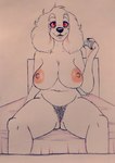 absurd_res anthro areola bed big_ears breasts bredlaybagordh canid canine canis domestic_dog female fur furniture hi_res mammal nipples olannah on_bed pubes red_eyes sitting sitting_on_bed solo traditional_media_(artwork) white_body white_fur