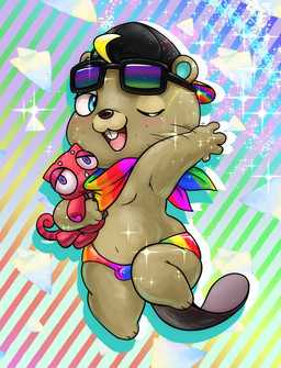 anthro backwards_hat blonde_hair blue_eyes blush brown_body brown_fur bulge clothing freckles fur hair hat headgear headwear kerchief lgbt_pride male neckerchief neckwear one_eye_closed plushie pride_color_clothing pride_colors shortstack shortstack_male solo speedo swimwear wink lkiws animal_crossing nintendo c.j._(animal_crossing) flick_(animal_crossing) beaver mammal rodent hi_res