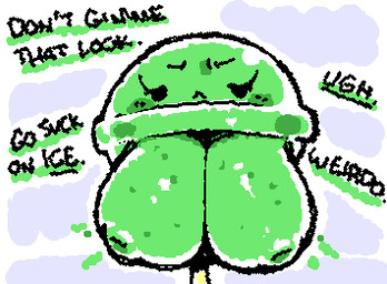 >:< armless big_breasts black_eyebrows black_eyes black_text blush breasts candy dessert dialogue empty_eyes eyebrows eyelashes female food frown green_blush green_body hanging_breasts legless lollipop long_eyelashes looking_at_viewer mouth_closed nipple_dip noseless not_furry solo squigglevision stylized_empty_eyes text ligma_(artist) animate_inanimate food_creature 2025 animated digital_media_(artwork) english_text flat_colors low_res wigglypaint_(artwork)