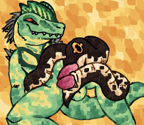 2_penises animal_genitalia animal_penis anthro anthro_on_feral balls bestiality black_body cloacal cloacal_penetration duo fellatio female feral genitals green_body hemipenes male male/female multi_genitalia multi_penis multicolored_body oral orange_eyes penetration penile penis sex simple_background sitting smile tail white_body yellow_background yellow_eyes scaliescum suddenly_egyptian_gods sa-ta_(seg) reptile scalie snake