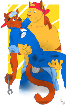4_fingers abstract_background anthro athletic backwards_baseball_cap backwards_hat baseball_cap bedroom_eyes belt black_nose blue_eyes blush bridal_carry brown_body brown_fur brown_nose carrying_another clothed clothing coveralls duo eye_contact fingers fully_clothed fur hair hair_through_hat half-closed_eyes hat headgear headwear holding_object holding_tool larger_male looking_at_another male male/male muscular muscular_male narrowed_eyes overalls pecs red_body red_fur seductive simple_background size_difference smaller_male smile stripes tools topless whiskers white_background worker wrench yellow_body yellow_fur ahzi hanna-barbera swat_kats chance_furlong jake_clawson domestic_cat felid feline felis mammal 2015 absurd_res hi_res