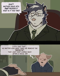 accessory anthro business_suit clothed clothing desk dialogue duo eyewear furniture glasses hair male muscular muscular_anthro muscular_male necktie rectangular_glasses speech_bubble suit table text yellow_eyes king_slabu nathan_(king_slabu) american_opossum canid canine canis domestic_dog mammal marsupial virginia_opossum comic digital_media_(artwork) english_text hi_res