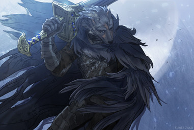 anthro armor cape clothing holding_object holding_weapon male melee_weapon moon scar solo sword weapon suhebzako elden_ring fromsoftware blaidd_(elden_ring) canid canine canis mammal wolf absurd_res hi_res