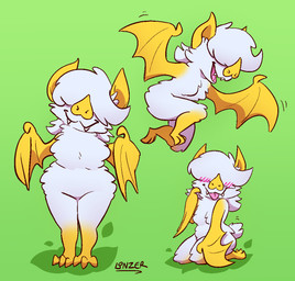 anthro belly_tuft blep blush blush_lines breast_tuft breasts butt_tuft chest_tuft fangs female fluffy fluffy_tail fur green_background hair hand_on_leg hand_on_thigh hip_tuft kneeling leaf_nose membrane_(anatomy) membranous_wings open_mouth short_tail simple_background slightly_chubby smile solo tail teeth tongue tongue_out tuft white_body white_fur white_hair wide_hips wings yellow_ears yellow_nose yellow_wings conditional_dnp greenlinzerd mallow_(greenlinzerd) bat honduran_white_bat leaf-nosed_bat mammal microbat yangochiropteran 2025 digital_media_(artwork) signature
