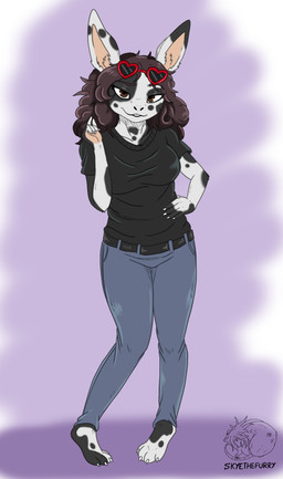 anthro black_body black_fur bottomwear brown_eyes brown_hair clothing denim denim_bottomwear denim_clothing female fur hair happy jeans pants pink_body pink_fur solo white_body white_fur allartskye lagomorph leporid mammal rabbit hi_res
