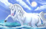 accessory blue_eyes feral hair hair_accessory hairband hooves mane raised_leg scar solo sun tail water wet white_body white_hair white_tail huskii-s bayard_zylos equid equine horse mammal 2021 digital_media_(artwork)