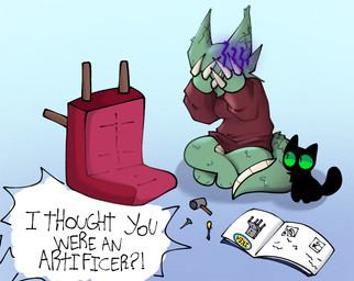 artificer embarrassed female instructions solo dungeons_and_dragons hasbro ikea wizards_of_the_coast domestic_cat felid feline felis kobold mammal scalie hi_res