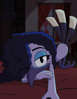 all_fours anthro ass_up beak bed black_eyebrows black_eyes black_hair blue_eyelids curtains eyebrows eyelashes feathers female female_anthro furniture hair hair_over_eyes half-closed_eyes inside long_beak long_hair looking_at_viewer mouth_closed narrowed_eyes night nude nude_anthro nude_female on_bed purple_beak purple_body purple_feathers purple_scutes scuted_legs scutes selfie solo tail tail_feathers toony window young young_anthro young_female mopgoblin disney ducktales ducktales_(2017) violet_sabrewing apodiform avian bird hummingbird 2026 hi_res