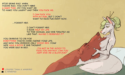 anthro black_text blonde_hair brown_body brown_fur dialogue duo female fluffy fluffy_tail fur green_eyes hair husband_and_wife larger_male male male/female married_couple nipples pink_nipples profanity red_eyes red_text requesting romantic romantic_couple sex_request simple_background size_difference smaller_female tail text white_body white_fur yellow_background canid canine canis domestic_dog fox hybrid mammal 2023 english_text hi_res