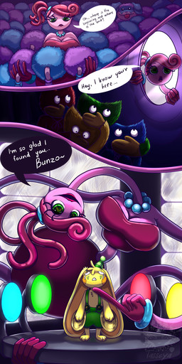 3_toes 5_fingers anthro big_breasts big_butt big_female black_eyes blue_body blue_fur bodily_fluids boots bow_ribbon breasts bullying butt button_(fastener) cheek_markings chibi clothing covering covering_face covering_self crying curvy_figure cymbals detailed_background disappointed electronics empty_eyes eyelashes eyeshadow facial_markings feet female feral finger_on_chin fingers footwear funny_face fur fur_markings gem green_body green_clothing green_eyes green_fur green_hat green_headwear green_overalls group hair hand_on_mouth hat head_markings headgear headwear hiding holding_another holding_head inner_ear_fluff jewelry large_female lifted lifting lipstick long_arms long_body long_hair long_neck looking_at_another looking_at_viewer looking_down looking_in looking_up makeup male male/female markings mature_female mature_humanoid monitor multi_leg multi_limb multi_monitor multicolored_body multicolored_fur musical_instrument necklace on_platform open_mouth open_smile orange_inner_ear orange_inner_ear_fluff overalls party_hat pawpads pearl_(gem) pearl_necklace percussion_instrument pink_body pink_skin pleased_expression plushie ponytail poppy_playtime_(chapter_2) pushbutton red_body red_eyeshadow red_fur red_lipstick scut_tail shadow shoes short_male short_tail shortalls shut_up sitting size_difference smile soles standing stretchy suspension tail tears text toes tongue tongue_out tube tuft white_screen yellow_body yellow_fur young young_anthro young_male tasseya mob_entertainment poppy_playtime bunzo_bunny huggy_wuggy mommy_long_legs pj_pug-a-pillar animate_inanimate arachnid arthropod canid canine canis centipede domestic_dog furred_monster humanoid lagomorph leporid living_plushie living_toy mammal molosser monster myriapod pug rabbit small_molosser spider toy_dog wuggy_(poppy_playtime) 1:2 2026 absurd_res digital_drawing_(artwork) digital_media_(artwork) english_text hi_res signature url watermark