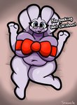 antenna_hair antennae_(anatomy) anthro barely_visible_areola barely_visible_nipples bed belly big_breasts bow_ribbon breasts eyewear female furniture gift glasses grey_eyes hair holidays huge_breasts looking_at_viewer lying mature_female mostly_nude multicolored_body navel nipples on_back on_bed overweight purple_body smile solo talking_to_viewer text thick_thighs two_tone_body wrapped wrappings sneavile christmas nintendo pokemon gloria_(sneavile) generation_6_pokemon goodra pokemon_(species) absurd_res english_text hi_res