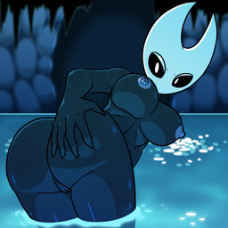 anthro big_breasts black_body black_eyes blue_nipples breasts butt cave eyelashes female genitals hand_on_butt horn humanoidized looking_at_viewer looking_back nipples nude nude_anthro nude_female presenting presenting_hindquarters rear_view solo vulva water bruhmynameisdylan nsfwinthedark hollow_knight_(franchise) team_cherry hornet_(hollow_knight) arthropod humanoid insect 1:1 2026 digital_media_(artwork) hi_res