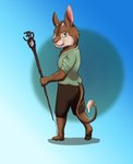 anthro blue_background brown_body brown_fur clothed clothing fur male rufu_amuraroo simple_background solo standing nanochetha amuraroo_(species)