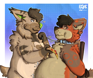 anthro belly big_belly bloated blue_background blue_collar border bound brown_body brown_fur brown_hair chair collar duo eye_contact food force_feeding forced fur furniture green_inner_ear green_nose hair hands_behind_back hands_tied heart_symbol leash leash_pull leashed_collar looking_at_another male male/male on_chair orange_body orange_fur pizza pizza_slice rope rumbling_stomach simple_background sitting sitting_on_chair stuffing tail wearing_collar white_border eliaslynxie elias_(eliaslynxie) canid canine canis felid feline lynx mammal wolf 2026 6:5 absurd_res digital_drawing_(artwork) digital_media_(artwork) english_description hi_res