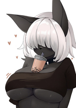 anthro bangs beverage big_breasts black_body black_clothing black_collar black_crop_top black_fur black_nose black_shirt black_topwear breasts bubble_tea clothing collar crop_top drinking drinking_straw female fur hair hair_over_eyes heart_symbol medium_hair shirt simple_background solo spiked_collar spikes topwear under_boob white_background white_hair fernixsss hands-free_bubble_tea domestic_cat felid feline felis mammal absurd_res colored digital_drawing_(artwork) digital_media_(artwork) hi_res meme shaded