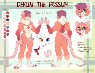 anthro blue_eyes butt fur genitals hair heart_(marking) heterochromia humanoid_genitalia humanoid_penis male markings mouth_shot neck_tuft nipples nude open_mouth penis purple_hair rear_view solo stated_adult stated_age stated_height stated_sexuality tail text tongue tongue_out tuft yellow_eyes balterrwald devlin_leroux american_opossum mammal marsupial virginia_opossum english_text hi_res model_sheet