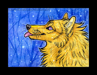 ambiguous_feral ambiguous_gender black_border black_nose blep border cheek_tuft facial_tuft feral fur glistening glistening_eyes looking_up mouth_closed neck_tuft outside purple_eyes side_view snow snowing solo tongue tongue_out tuft whiskers yellow_body yellow_fur heatherwolf canid canine mammal