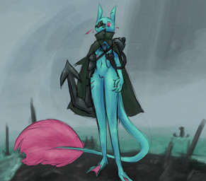 anchor anthro blue_body cape clothed clothing female fur gas_mask gas_tank genitals gills hidden_mouth larger_female looking_at_viewer mask membrane_(anatomy) prosthetic prosthetic_arm prosthetic_limb size_difference solo tail technology vulva alexleviafan rain_world videocult rivulet_(rain_world) felid mammal slugcat digital_media_(artwork)