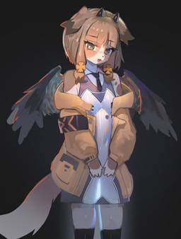 anthro blush blush_lines brown_body brown_eyes brown_fur brown_hair clothing fangs female fur hair horn looking_at_viewer multicolored_body multicolored_fur open_mouth simple_background smile solo standing tail teeth thick_thighs white_body white_fur wings utterangle hybrid character_request