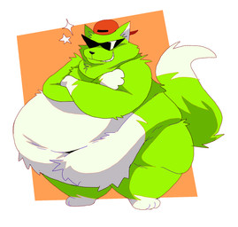 anthro backwards_baseball_cap backwards_hat baseball_cap belly big_belly biped clothing crossed_arms dipstick_tail eyewear feet foot_markings fur gloves_(marking) green_body green_fur grin hat headgear headwear leg_markings love_handles male markings mostly_nude navel obese obese_anthro obese_male overweight overweight_anthro overweight_male smile solo sparkles standing sunglasses tail tail_markings thick_thighs white_body white_fur wide_hips oshyfriend undertale undertale_(series) radiation_fox_(undertale) canid canine fox mammal digital_media_(artwork) hi_res