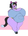 anthro belly belly_overhang big_belly big_breasts biped black_hair breasts cleavage clothed clothing cute_fangs dipstick_tail ear_piercing fangs female footwear hair hand_on_breast huge_breasts huge_hips inner_ear_fluff markings natural_breasts obese obese_anthro obese_female one_fang open_mouth open_smile overalls overweight overweight_anthro overweight_female piercing purple_body shoes short_hair shortalls simple_background smile solo standing tail tail_markings teeth thick_thighs three-quarter_view tuft wide_hips angstrom undertale_(series) catty_(undertale) domestic_cat felid feline felis mammal 2019 full-length_portrait portrait