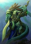 angry anthro armor claws clothed clothing detailed_background green_body green_eyes headgear helmet holding_object holding_weapon male open_mouth solo tail underwater water weapon link2004 alligator alligatorid crocodilian reptile scalie therianthrope hi_res