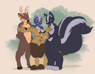 ambiguous_gender anthro antlers big_tail black_body black_fur blue_body blue_fur brown_body brown_fur clothing costume fur fursuit fursuit_head group hooves horn multicolored_body multicolored_fur purple_sclera smile suiting_up tail trio owy reese_ikena deer mammal mephitid skunk hi_res