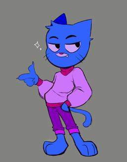 anthro blue_body blue_fur bottomwear claws clothing fangs fur gesture grey_background half-closed_eyes hand_gesture long_tail male narrowed_eyes pants pointing red_nose shirt simple_background smile solo standing tail teeth toony topwear psshtstudios cartoon_network the_amazing_world_of_gumball gumball_watterson domestic_cat felid feline felis mammal hi_res