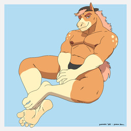 5_fingers 5_toes anthro backwards_baseball_cap backwards_hat barefoot baseball_cap biceps black_clothing black_hat black_headwear black_underwear blue_background border brown_eyes brown_nipples clothed clothing covering covering_crotch eyebrows feet fingers foot_focus fur hair hat headgear headwear humanoid_feet humanoid_hands leg_markings looking_at_viewer male male_anthro mane markings multicolored_body muscular muscular_anthro muscular_male nipples orange_body orange_fur pecs pink_hair plantigrade simple_background sitting smile soles solo tan_body toes topless topless_anthro topless_male underwear underwear_only white_border patoso equid equine horse mammal 1:1 digital_media_(artwork) hi_res signature