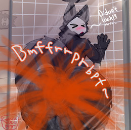 against_surface anthro anus anus_focus ass_on_glass backsack balls bathing big_anus big_butt black_body black_fur blush bodily_fluids butt dialogue fart fart_cloud fart_fetish farting_at_viewer fur genitals glass huge_anus huge_butt hyper hyper_anus looking_at_viewer looking_back male mask musk musk_clouds musky_balls musky_butt nude on_glass penis presenting presenting_anus presenting_hindquarters puffy_anus rear_view shower showering solo sound_effects steam sweat sweaty_balls sweaty_butt sweaty_genitalia tail text thick_thighs water wet white_eyes wide_hips genjii changed_(video_game) puro_(changed) canid canine canis goo_creature mammal wolf digital_media_(artwork) english_text hi_res