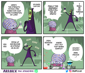 3_fingers 4_fingers 4_panel_comic ambiguous_gender anthro blue_eyes bone clothed clothing dialogue doktor_(merrivius) drinking duo erlenmeyer_flask fingers holding_object instagram_logo laboratory_equipment laboratory_glassware open_mouth pink_clothing purple_body scientific_instrument shadow skull skull_head speech_bubble spotted_head text twitter_logo merrivius arlokk_the_atrocious instagram twitter webtoon arlokk 2022 artist_name comic comic_sans digital_media_(artwork) english_text hi_res shaded