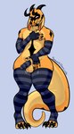 anthro armwear black_markings clothing elbow_gloves feet femboy footwear genitals gloves handwear horn knee_highs knee_socks legwear male markings orange_body pattern_clothing pattern_legwear penis simple_background socks solo striped_clothing striped_legwear stripes tail talons thick_tail toes white_eyes cheese_cake susuoro mythology susuoro_(character) dragon mythological_creature mythological_scalie scalie hi_res