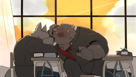 anthro blush book bottomwear classroom clothing detailed_background duo eyes_closed kemono male male/male overweight overweight_male pants school shirt sitting topwear hyaku_(artist) canid canine canis domestic_dog mammal 2020