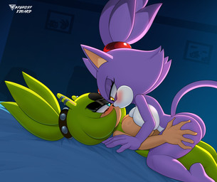big_breasts blue_eyes blush breasts butt butt_grab duo ear_piercing female female/female fur green_body green_fur green_hair hair hand_on_butt inside multicolored_body multicolored_fur night piercing purple_body purple_fur purple_hair tail two_tone_body two_tone_fur yellow_eyes byghosteduard idw_publishing sega sonic_the_hedgehog_(comics) sonic_the_hedgehog_(idw) sonic_the_hedgehog_(series) blaze_the_cat surge_the_tenrec afrosoricid felid mammal tenrec absurd_res hi_res