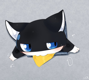 anthro black_body black_fur blue_eyes blush fur kerchief male mask neckerchief neckwear shortstack shortstack_male solo stuck suggestive through_wall white_body white_fur sugokuegui atlus megami_tensei persona_(series) persona_5 sega morgana_(persona) domestic_cat felid feline felis mammal tuxedo_cat hi_res