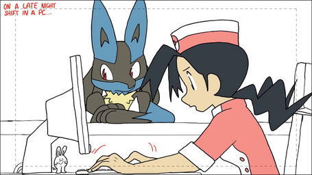 anthro anthro_on_anthro black_hair blue_body blue_fur blush bodily_fluids chest_spike clothing computer crying cute_fangs duo electronics eyebrows eyes_closed fangs female fur grey_body grey_fur grey_inner_ear hair hand_on_head hand_spike hat headgear headwear male male/male nurse_clothing nurse_hat nurse_headwear nurse_uniform pink_clothing pink_hat pink_headwear pink_shirt pink_topwear ponytail pupils raised_eyebrow red_eyes shirt sitting sound_effects spikes spikes_(anatomy) tan_body tan_skin tears teeth text toilet topwear uniform white_clothing white_hat white_headwear white_shirt white_topwear yellow_body yellow_fur dahecksajerry game_boy game_boy_family nintendo pokemon canid canine generation_4_pokemon generation_7_pokemon human incineroar lucario mammal pokemon_(species) 16:9 2025 2d_animation animated english_text hi_res short_playtime sound voice_acted webm widescreen