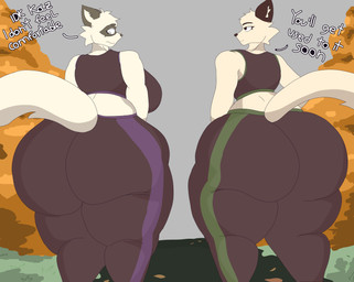 anthro athletic_wear big_breasts big_butt bottomwear bra breasts brown_eyes butt clothed clothed_female clothing detailed_background dialogue duo embarrassed female female/female fluffy fluffy_tail grass huge_butt leaf pants path plant sports_bra sportswear tail text thick_thighs tight_clothing tree underwear walking white_eyes yoga_pants akitaar axo_(akitaar) kaz_(foxialewd) domestic_ferret mammal mustelid musteline stoat true_musteline weasel absurd_res hi_res