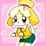 accessory acting_like_a_dog anthro blush bodily_fluids bone bottomwear clothed clothing daww female hair hair_accessory hair_tie motion_lines pencil_skirt skirt solo sweat sweatdrop tail tail_motion tailwag text annyui0611 animal_crossing nintendo isabelle_(animal_crossing) canid canine canis domestic_dog mammal shih_tzu toy_dog 1:1 2012 japanese_text