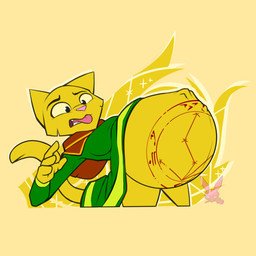 anthro arched_back belly belly_markings clothing fangs female fetal_movement fur looking_at_belly magical_pregnancy markings navel outie_navel pink_nose pregnant pregnant_female rapid_pregnancy robe simple_background solo teeth tongue tongue_out yellow_background yellow_body yellow_fur yellow_sclera zacharycreed220 color_wheel_challenge mayternity_2026 microsoft prequel_adventure the_elder_scrolls katia_managan felid khajiit mammal 1:1 2026 hi_res watermark