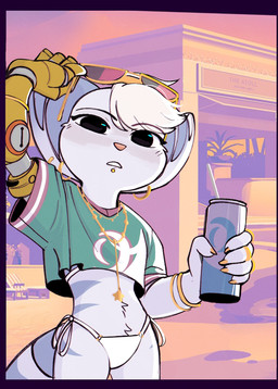 anthro beverage_can bikini bracelet clothing crop_top cybernetic_arm cybernetic_limb ear_piercing ear_ring eyebrows eyelashes eyewear female fur jewelry necklace piercing ring_piercing shirt side-tie_bikini solo string_bikini striped_body striped_fur stripes sunglasses swimwear topwear two-piece_swimsuit white_bikini white_body white_clothing white_fur white_swimwear time_fluffy500 grand_theft_auto_vi gta_vi_cover_girl ratchet_and_clank sony_corporation sony_interactive_entertainment rivet_(ratchet_and_clank) lombax mammal 2026 hi_res