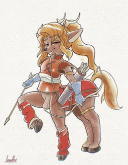 anthro antlers armband armor arrow_(weapon) balls bedroom_eyes blonde_hair blue_clothing blue_gloves blue_handwear bow_(weapon) breastplate brown_body brown_fur casual_exposure clothing costume countershade_crotch countershade_fur countershade_genitalia countershading eyebrow_through_hair eyebrows femboy flaccid foreskin fur genitals gloves gold_(metal) gold_jewelry grin grinning_at_viewer hair handwear hooves horn jewelry leg_warmers legwear long_hair looking_at_viewer male male_anthro narrowed_eyes orange_clothing orange_topwear penis ponytail pose quiver_(object) raised_leg ranged_weapon red_clothing red_leg_warmers red_legwear red_topwear seductive simple_background smile smiling_at_viewer snout solo tan_body tan_fur text topwear translucent translucent_hair unguligrade weapon white_background lewdles sega shining_(sega) dandilow_(remwithpen) may_(shining) deer deer_taur mammal mammal_taur taur 2026 artist_name colored digital_drawing_(artwork) digital_media_(artwork) english_description full-length_portrait hi_res portrait shaded signature