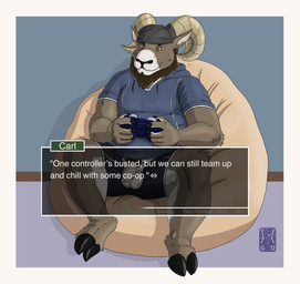 anthro balls bean_bag beanie beard bottomwear clothed clothing controller facial_hair flaccid foreskin game_controller gaming genitals green_eyes hat headgear headwear hoodie hooves horn humanoid_genitalia humanoid_penis inviting_to_sex kerchief looking_at_viewer male open_bottomwear open_clothing open_pants pants penis pubes sitting smile solo text text_box topwear unretracted_foreskin visual_novel_interface garo_(artist) echo_(game) echo_(series) echo_project carl_hendricks bighorn_sheep bovid caprine mammal sheep 2025 absurd_res colored digital_media_(artwork) english_text hi_res shaded