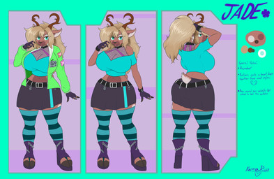 2_horns absolute_territory anthro antlers belt belt_buckle big_breasts biped black_belt black_collar black_nose blonde_eyebrows blonde_eyelashes blonde_hair blue_bottomwear blue_clothing blue_legwear blue_shirt blue_skirt blue_stockings blue_text blue_topwear bottomwear breasts brown_antlers brown_body brown_ears brown_fur brown_horn brown_inner_ear_fluff brown_tail buckle chain cleavage closed_smile clothed clothed_anthro clothed_female clothing cloven_hooves collar collar_ring color_swatch eyebrows eyelashes female female_anthro fingerless_gloves fingers fishnet_clothing fishnet_topwear footwear freckled_breasts freckled_chest freckled_face freckles fur gloves green_clothing green_jacket green_topwear hair handwear high_heels hooved_fingers hooves horn huge_breasts inner_ear_fluff jacket legwear long_eyelashes long_hair midriff mouth_closed multicolored_bottomwear multicolored_clothing multicolored_legwear multicolored_skirt multicolored_stockings navel open_clothing open_jacket open_mouth open_topwear pattern_clothing pattern_legwear pattern_stockings pink_tongue ponytail pupils purple_clothing purple_footwear purple_gloves purple_handwear purple_shoes scut_tail shirt shoes short_tail skirt smile snout solo standing stirrup_legwear stirrup_stockings stockings striped_clothing striped_legwear striped_stockings stripes tail teal_bottomwear teal_clothing teal_eyes teal_legwear teal_skirt teal_stockings text tongue topwear tuft two_tone_bottomwear two_tone_clothing two_tone_legwear two_tone_skirt two_tone_stockings two_tone_tail white_inner_ear white_tail wide_hips kawma deer mammal new_world_deer reindeer 2026 absurd_res english_text handwritten_text hi_res model_sheet signature